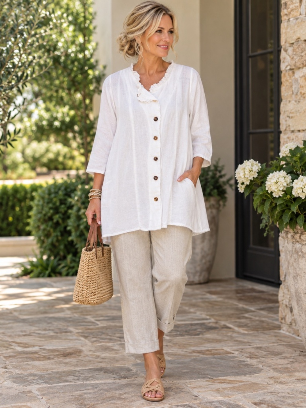 Heart’s Desire by Mary Grace White Linen Ruffle Tunic Top XS